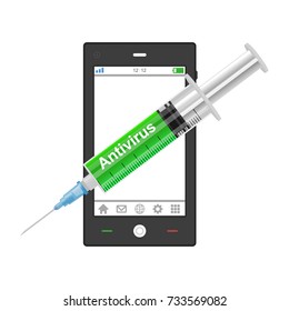 Smartphone with antivirus injection needle,Technology concept on white background