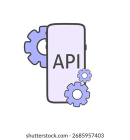 smartphone con API e iconos de engranajes, que representan la interfaz de programación de aplicaciones móviles, la integración de software y la automatización.