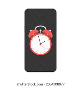 Smartphone with app alarm clock on screen. Alarm Clock icon on mobile phone. Time, reminder concept. Vector illustration in flat style. EPS 10.