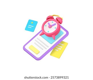 Smartphone app alarm clock reminder notification 3d icon realistic vector illustration. Mobile phone screen pushing alertness to do list deadline productivity efficiency application business alert