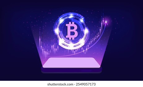 Smartphone App für Bitcoin (BTC) Trading: Echtzeit-Preisdiagramme und Hologramm-Projektionen. Vektor.