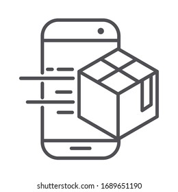 Smartphone app and cardboard box. Cargo delivery vector illustration line style icon