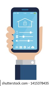 Smartphone app to control smart home (smart house) . Flat illustration holding a smartphone in hand.