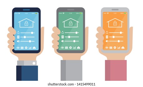 Smartphone app to control smart home (smart house) . Flat illustration holding a smartphone in hand.