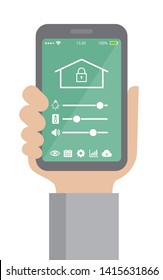 Smartphone app to control smart home (smart house) . Flat illustration holding a smartphone in hand.