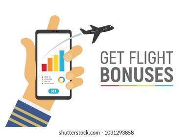 Smartphone app to control your flight miles bonuses vector illustration with text template. Isolated hand of captain airplane hold phone on white background