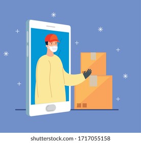 smartphone with app delivery and delivery worker using face mask vector illustration design