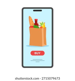 App de teléfono inteligente que muestra una bolsa de papel llena de comestibles con un Botón de compra para un conveniente servicio de compras en línea