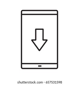 Smartphone app download linear icon. Thin line illustration. Smart phone with download arrow contour symbol. Vector isolated outline drawing