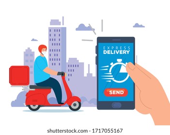 smartphone con entrega rápida de aplicaciones y trabajo con diseño de ilustración de vector de máscara facial