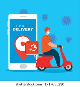 smartphone with app express delivery and worker using face mask vector illustration design