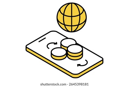 Smartphone app para transferência de moeda estrangeira simples ícone de desenho de linha, ilustração isométrica de finanças internacionais, Ilustração de vetor