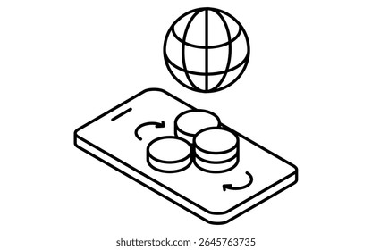 Smartphone app para transferência de moeda estrangeira simples ícone de desenho de linha, ilustração isométrica de finanças internacionais, preto e branco, Ilustração de vetor