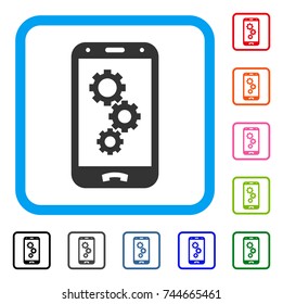Smartphone App Gears icon. Flat grey pictogram symbol inside a blue rounded squared frame. Black, gray, green, blue, red, orange color variants of Smartphone App Gears vector.