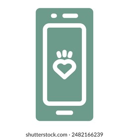 A smartphone with an app icon depicting a paw print inside a heart, suggesting a pet adoption app.