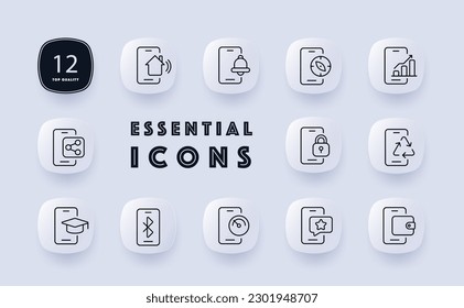 Smartphone app icon set. Mobile technology, multitude of tasks. Mobile concept. Neomorphism style. Vector line icon for Business and Advertising