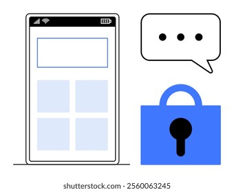 A smartphone with app icons and a chat bubble alongside a lock icon. Ideal for themes of data security, encryption, privacy, communication, and technology. Simple vector style with black and blue