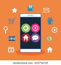 smartphone with app icons on screen orange background