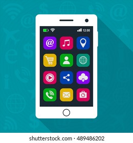 Smartphone with app icons. Touchscreen smartphone with colorful social media application icons. Vector isolated white mobile phone on blue background. 