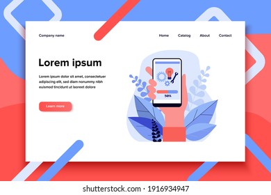 Smartphone app installation. Half loaded, phone settings, device screen flat vector illustration. Application, maintenance concept for banner, website design or landing web page