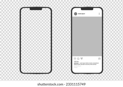 Smartphone app interface with blank picture editable posts. Social media mobile mockup on transparent background. Two iphone template. Vector illustration.