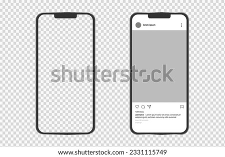 Smartphone app interface with blank picture editable posts. Social media mobile mockup on transparent background. Two iphone template. Vector illustration.