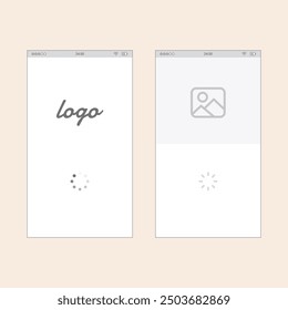 Smartphone app Loading screens with logo, image and loading dots. Vector mobile wireframe editable design for mobile, with sample data and real user interface graphic details ready for ux ui projects