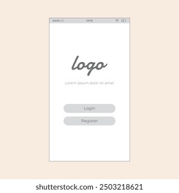 Smartphone App Login and Register Screen with buttons. Vector mobile wireframe editable design for mobile, with sample data and real user interface graphic details ready for ux ui projects