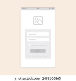 Smartphone App Login Screen with user, password and sign in button. Vector mobile wireframe editable design for mobile, with sample data and real user interface graphic details ready for ux ui project