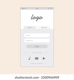 Smartphone App Login Screen with user, password and sign in tabs. Vector mobile wireframe editable design for mobile, with sample data and real user interface graphic details ready for ux ui projects.