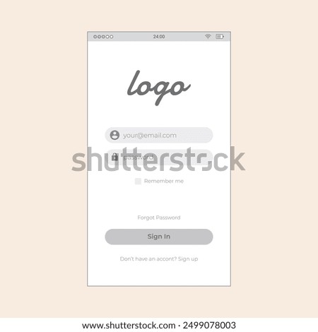Smartphone App Login Screen with user, password and sign in button. Vector mobile wireframe editable design for mobile, with sample data and real user interface graphic details ready for ux ui project