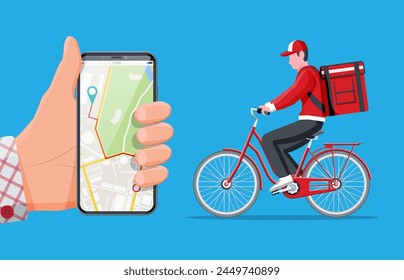 Smartphone with app and man riding bicycle with the box. Concept of fast delivery in the city. Male courier with parcel box on his back with goods and products. Cartoon flat vector illustration