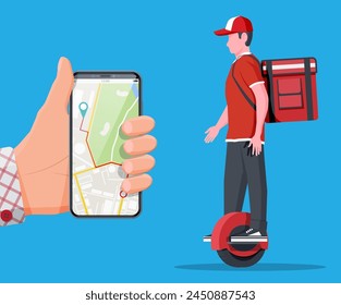 Smartphone with app and man riding monowheel with the box. Concept of fast delivery in the city. Male courier with parcel box on his back with goods and products. Cartoon flat vector illustration