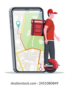 Smartphone with app and man riding monowheel with the box. Concept of fast delivery in the city. Male courier with parcel box on his back with goods and products. Cartoon flat vector illustration