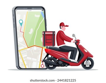 Smartphone with app and man riding motor scooter with the box. Concept of fast delivery in the city. Male courier with parcel box on his back with goods and products. Cartoon flat vector illustration