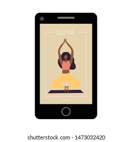 Smartphone with app on screen how young woman doing yoga exercise. Modern application. Flat design graphic elements, yoga concept. Vector illustration