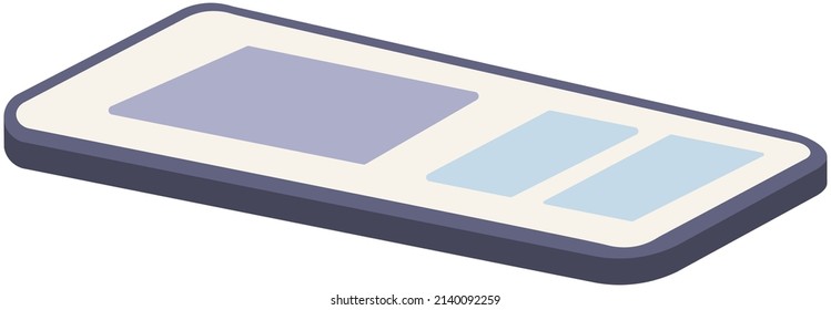 Smartphone with app on screen lying on flat surface. High resolution of responsive web design, template site. Application interface on phone display. Mobile service, media source vector illustration