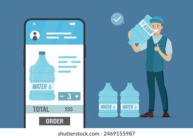 Smartphone with app for ordering pure water. Male courier delivered fresh water. Deliveryman holds big bottle of pure water in hand. Delivery service. Technology online ordering and fast shipping.