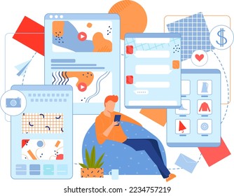 Página de la aplicación Smartphone para personajes de tipo hombre plano, ilustración vectorial. Aplicación de tecnología de aplicaciones móviles, cliente en línea en Internet.