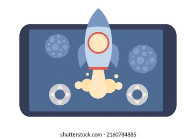 Aplicación Smartphone con juego en cohete. Concepto de juego móvil. Ilustración plana del vector 