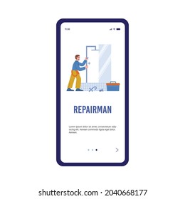 Smartphone app for plumbing service repair with professional plumbers. Male worker in uniform fixing water faucet shower cabin in bathroom. Flat cartoon vector illustration.