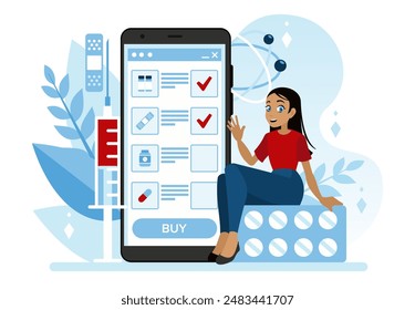 A smartphone app. Purchase medicines at a pharmacy using your phone. The girl makes purchases of medicines in an online store
