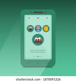 Smartphone con pantalla de aplicación para entrega de comida con platos tradicionales de Navidad. Concepto de celebración de Navidad segura y cómoda en casa.