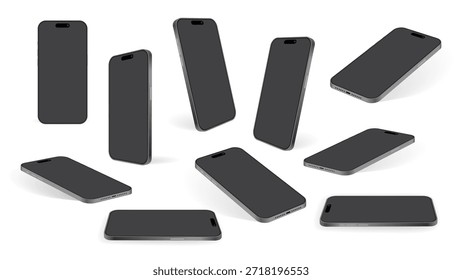 Smartphone App Screen Mockup Vector – Realistic Black Mobile Device for UI UX Design, 3D Phone Front, Side and Perspective Angles Isolated