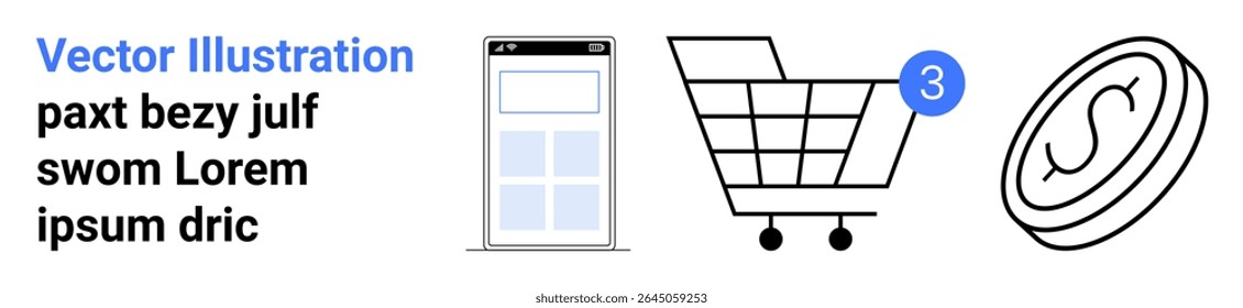 Smartphone with app screen, shopping cart with notification, currency coin Ideal for e-commerce, online shopping, mobile apps, digital payments, retail marketing, user interface, business. Landing