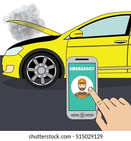 smartphone. app service call to mechanic for damage car. flat design vector illustration