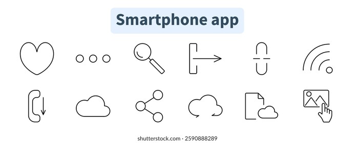 Smartphone app set icon. Heart, typing indicator, search, login, logout, Wi-Fi, call, cloud storage, share, document, gallery.