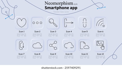 Smartphone app set icon. Heart, menu dots, search, call forward, link, wifi, missed call, cloud, share, sync, document cloud, image selection