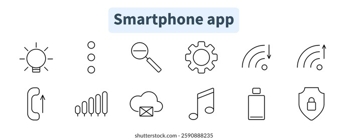 Smartphone app set icon. Light bulb, typing indicator, magnifier, settings, Wi-Fi signal, call, analytics, cloud email, music note, battery, shield security.