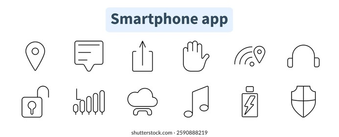 Smartphone app set icon. Location, chat, share, hand gesture, signal, headphones, unlock, signal bars, cloud upload, music, battery, shield.